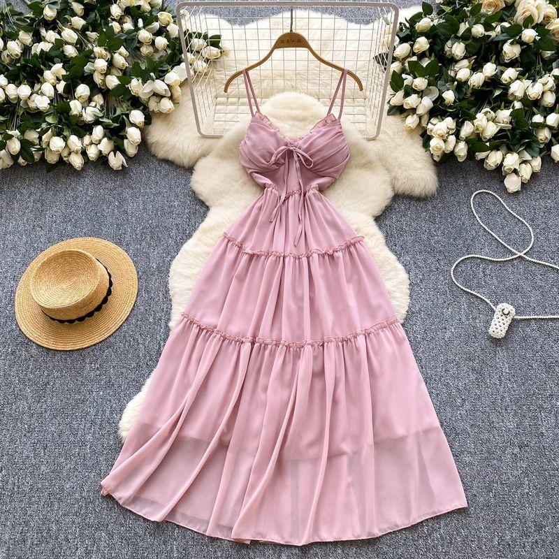 

French style Sweet Gentle Style Sling V-neck Chiffon Dress Women Summer Waist Hugging Slimming Temperament Backless Long Skirt Pink All yards
