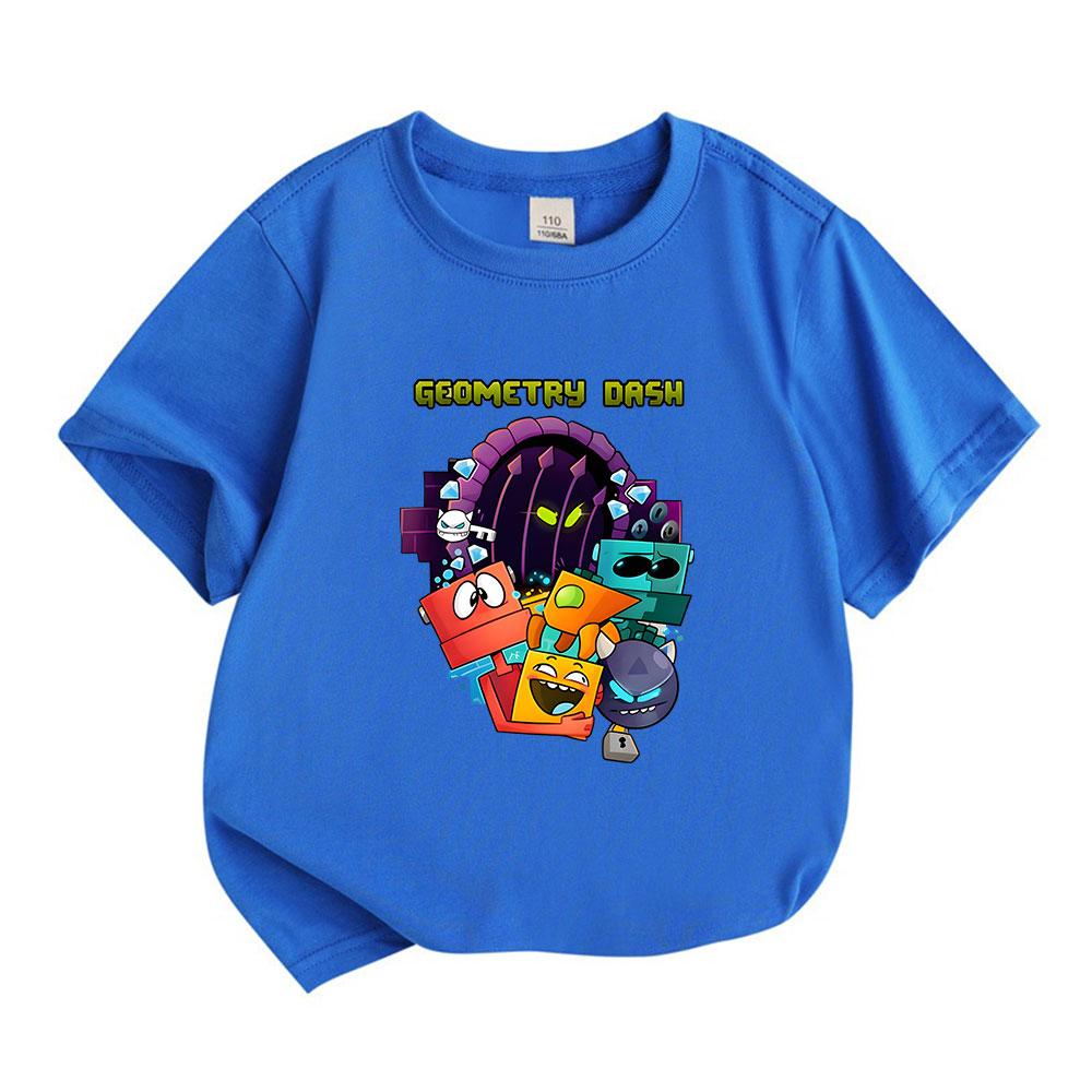 Kids Boys Girls Crew Neck Short Sleeve 100% Cotton T-Shirt, Cute Geometric Dash Cartoon Character Printed Casual Soft Breathable Summer Tops for Child