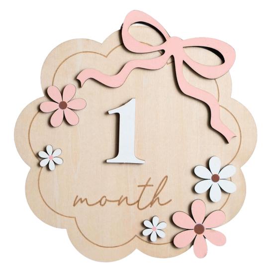 Baby Monthly Milestone Ornaments, Wooden Growth Markers with 3D Bow And Flower Decoration, Baby Monthly Milestone Cards for Baby Photos Keepsake