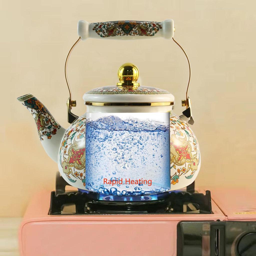 Floral Enamel Tea Kettle Vintage Gold Beige Teapot Colorful Boho Hot Water Coffee Kettle Pot 2.5L Porcelain Tea Pot with Ceramic Handle for Stovetop