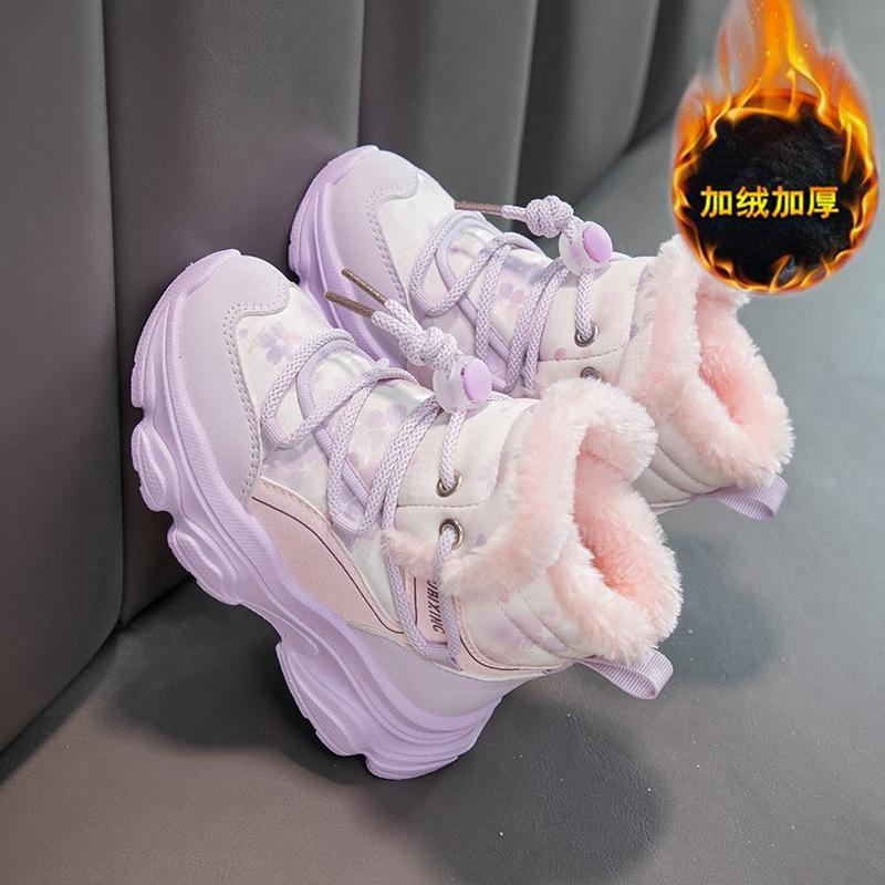 Boys' winter new fashion children's short boots fleece thickened elastic band large cotton boots girls medium and older children's snow boots