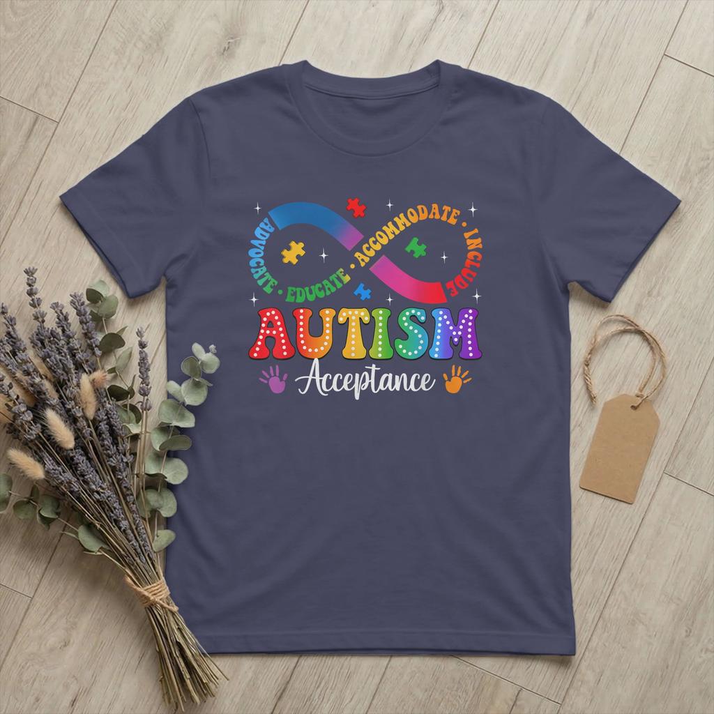 Autism Awareness Acceptance Infinity Symbol T Shirts Unisexs Cotton Funny TShirt Round Neck Tee Shirt Short Sleeve Tops Unique