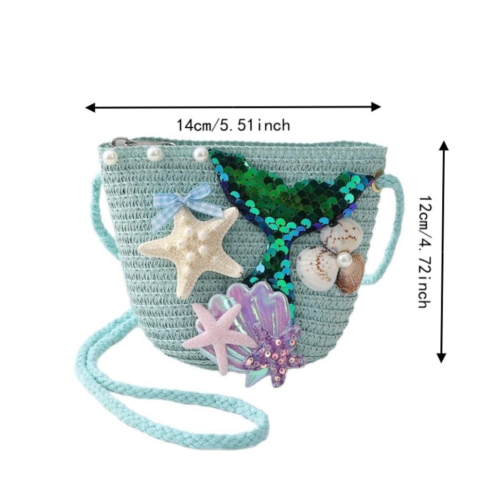 Straw Woven Mermaid Crossbody Bag Breathable Kids Shoulder Bag Fashionable Match Beach Bag Cartoon