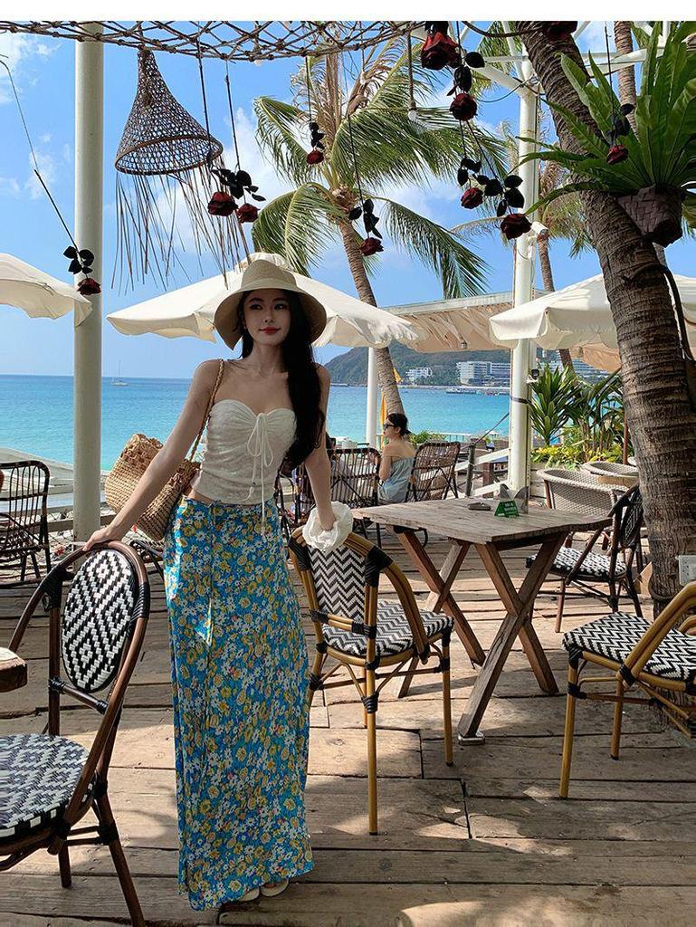 Women's Thailand Beach Resort Floral Two-Piece: White Bandeau Top & Skirt Set