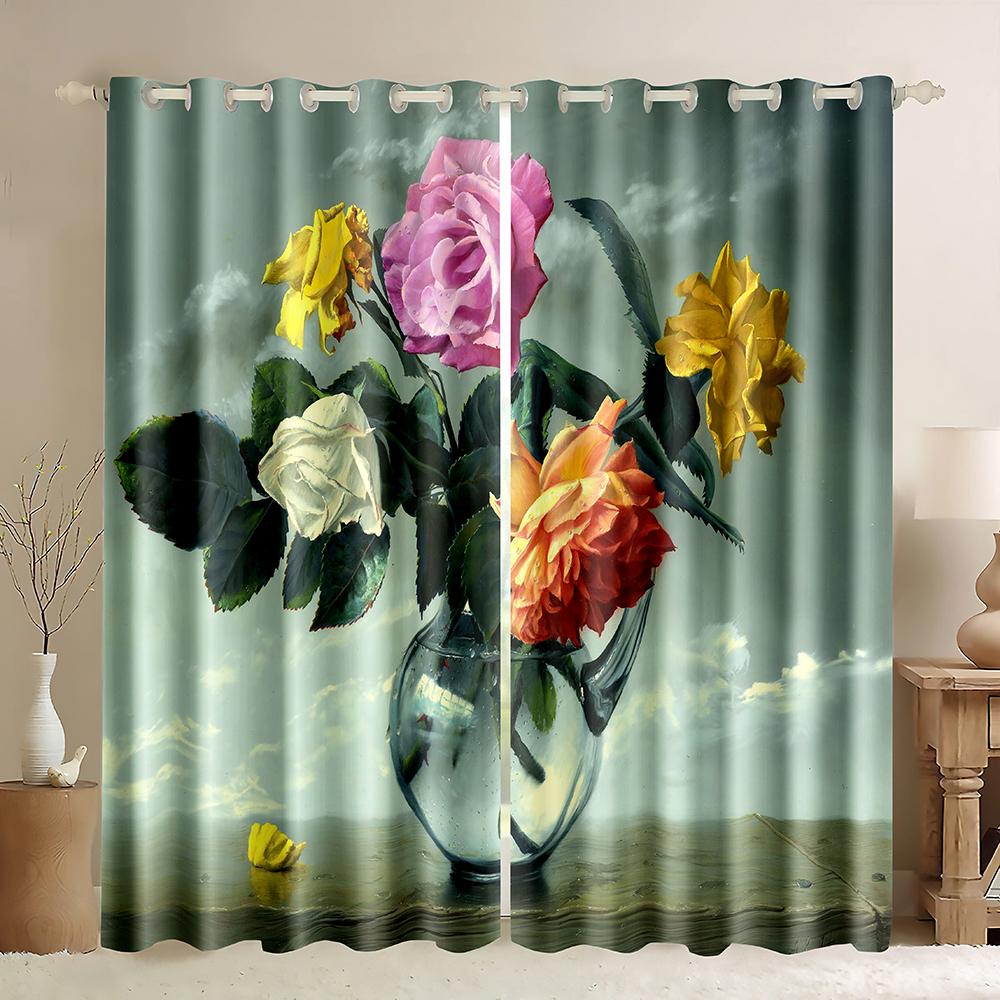 Oil Painting Floral Thick Blackout Window Curtains,Pink Rose Colorful Flowers Curtain Printed,Romantic Floral Window Curtains