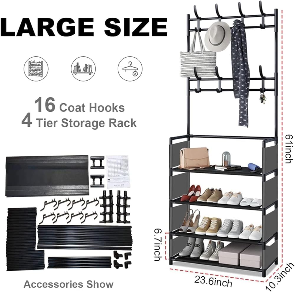 3-In-1 Design for Coat Rack with Shoe Storage White Freestanding Coat Rack with 8 Hooks for Hallway Entryway 60CM/23.6 In