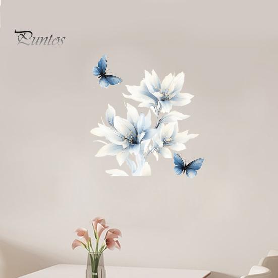 Botanical Wall Accents for Modern Interior Ink-Washed Blue Floral Stickers with Butterflies, Delicate Lily Peel And Stick Decals Living Room