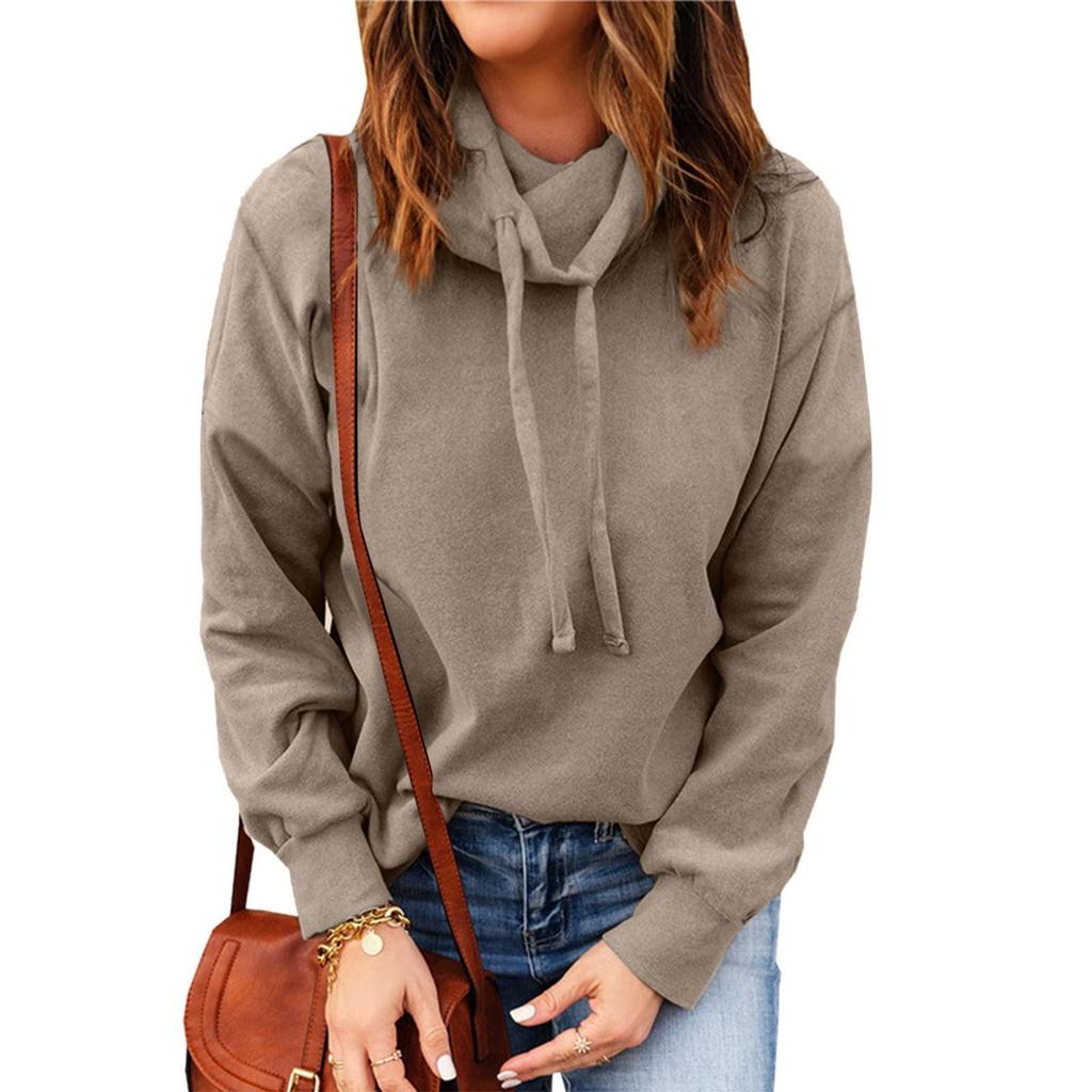 Women's Fashion Casual Long Sleeve Solid Color High Neck Drawstring Sweatshirt