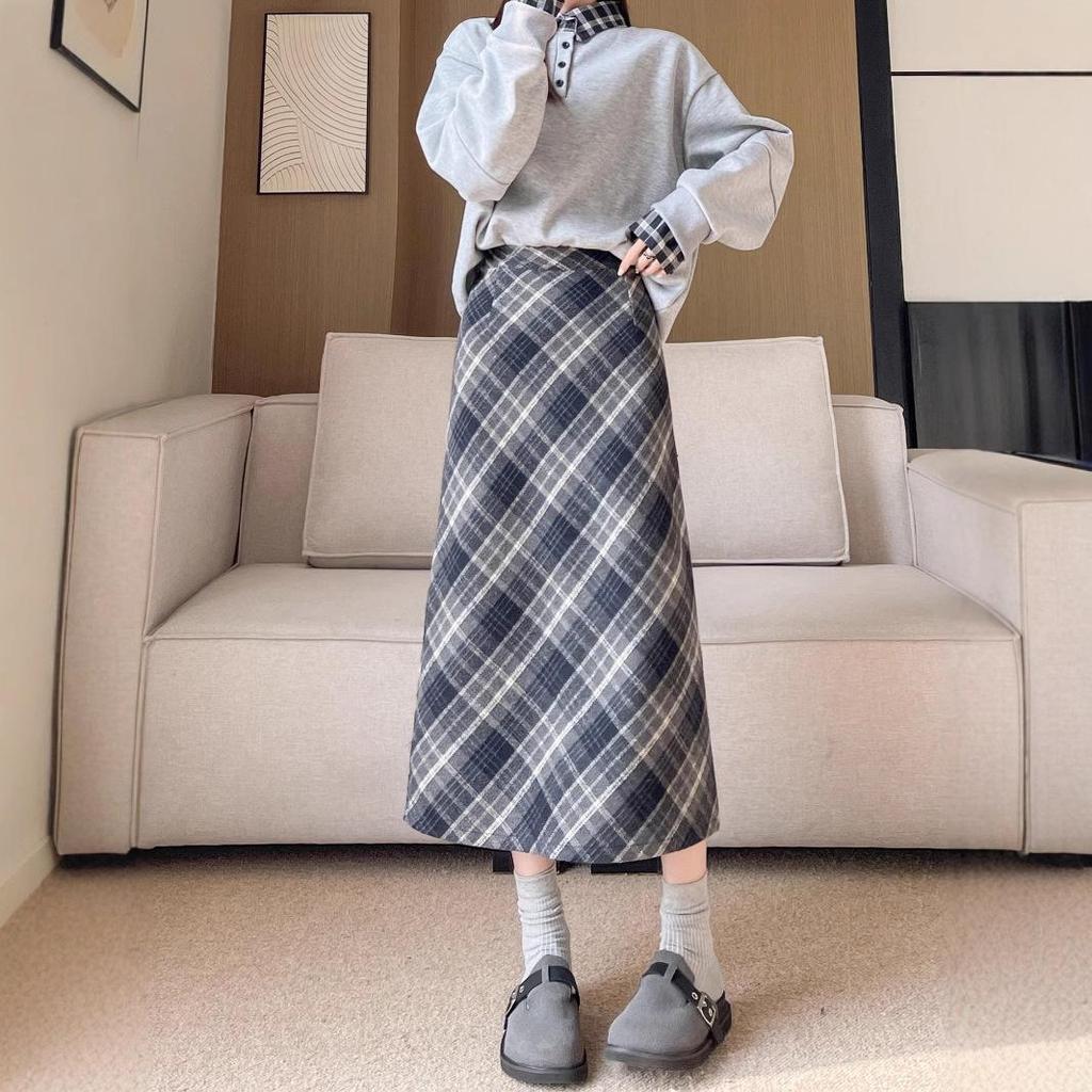 Autumn-Winter High Waist Wool Plaid A-Line Midi Skirt