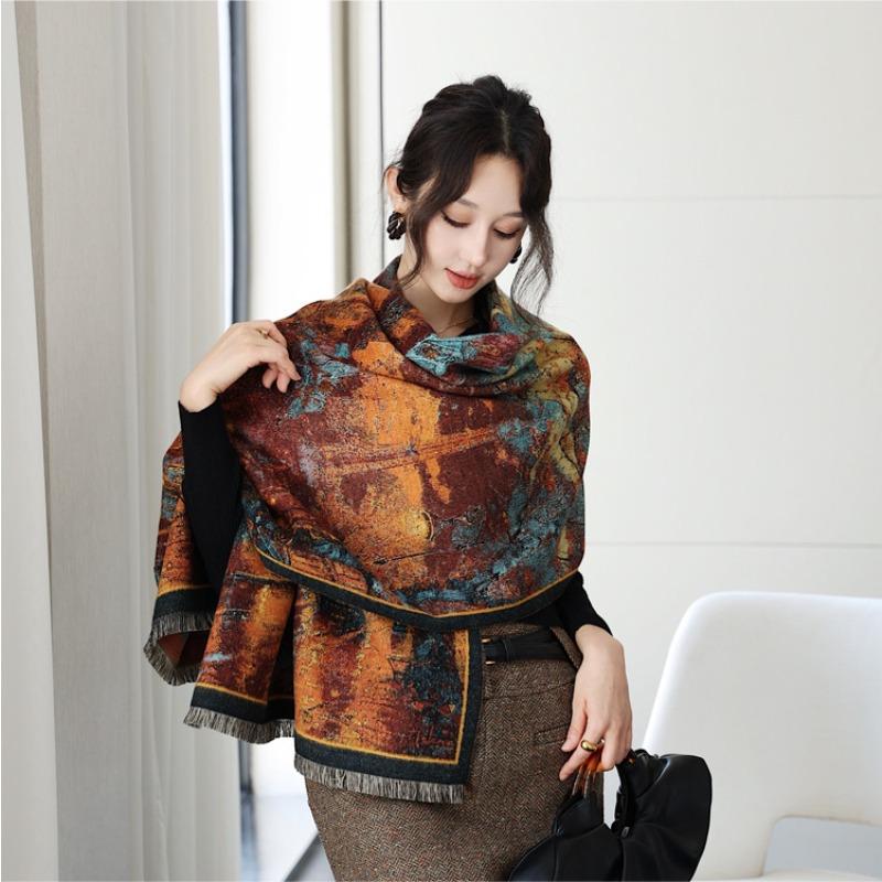 Street scene oil painting scarf women's retro versatile imitation cashmere jacquard shawl autumn and winter new thickened warm scarf