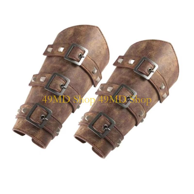 49MD Adjustable Wide Cuffs Men Cosplay Vintage Knight Wristbands Adjustable Metal Hole Gauntlets Gothic Wrist Armors