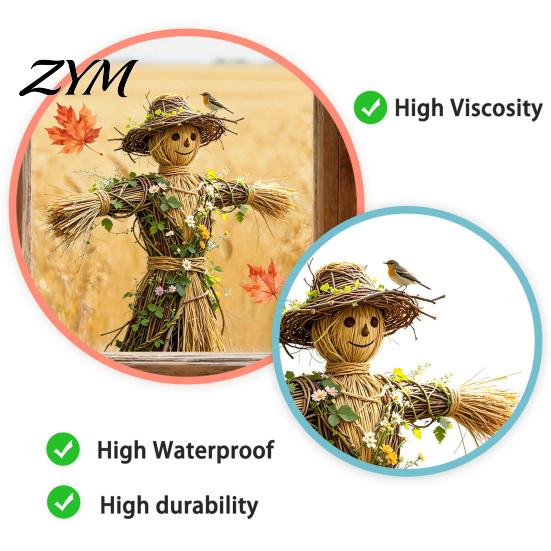 Creative Thanksgiving Gift Scarecrow Window Stickers with Realistic Maple Leaf, Pastoral Decals, Waterproof Durable Film PVC Static Clings for