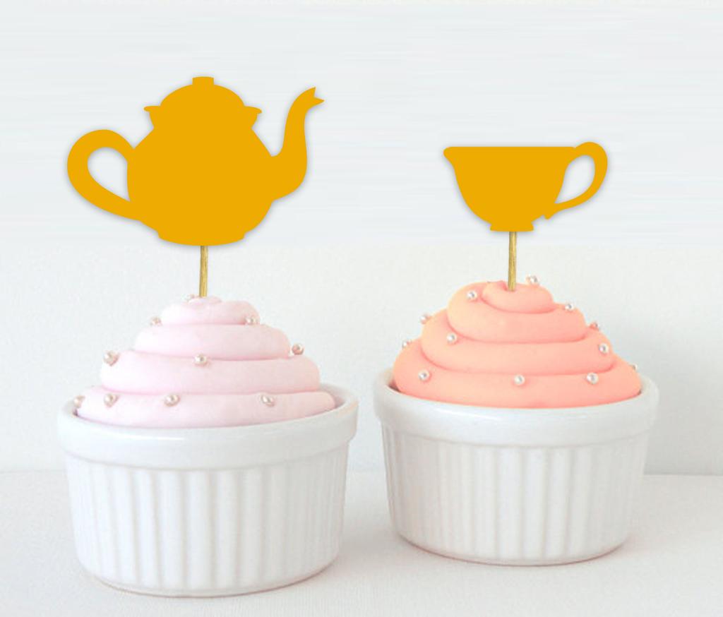 Darling Souvenir| Bridal Shower Tea Party Cupcake Topper| Birthday Dessert Decorations Tea Kettle Cup Cupcake Toppers - Pack Of