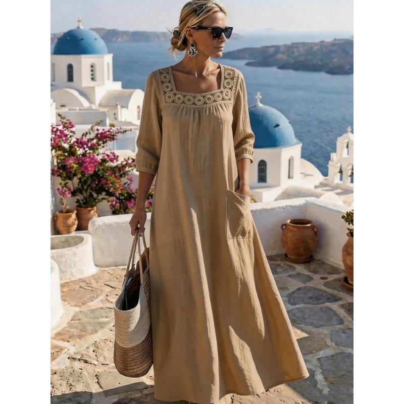 Casual Square Neck Three Quarter Sleeve Solid Color Womens Loose Long Maxi Dress