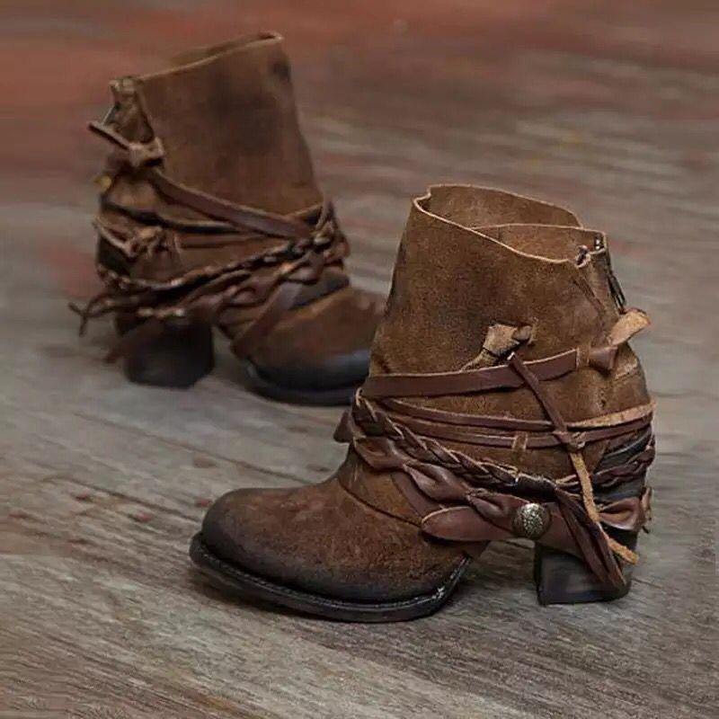 Wind Autumn Winter Fashion High Heel Round Head Rear Zipper Low Boots Woven Martin Boots