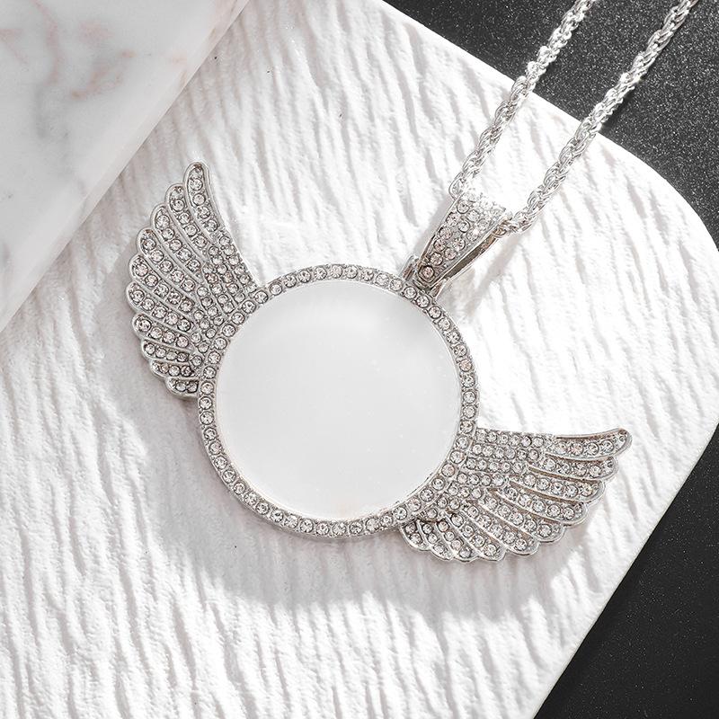 Memorial Round Wings Picture Frame Mirror Pendant Eco-friendly Alloy Jewelry with Precisely Set Zirconia Luxury Necklace