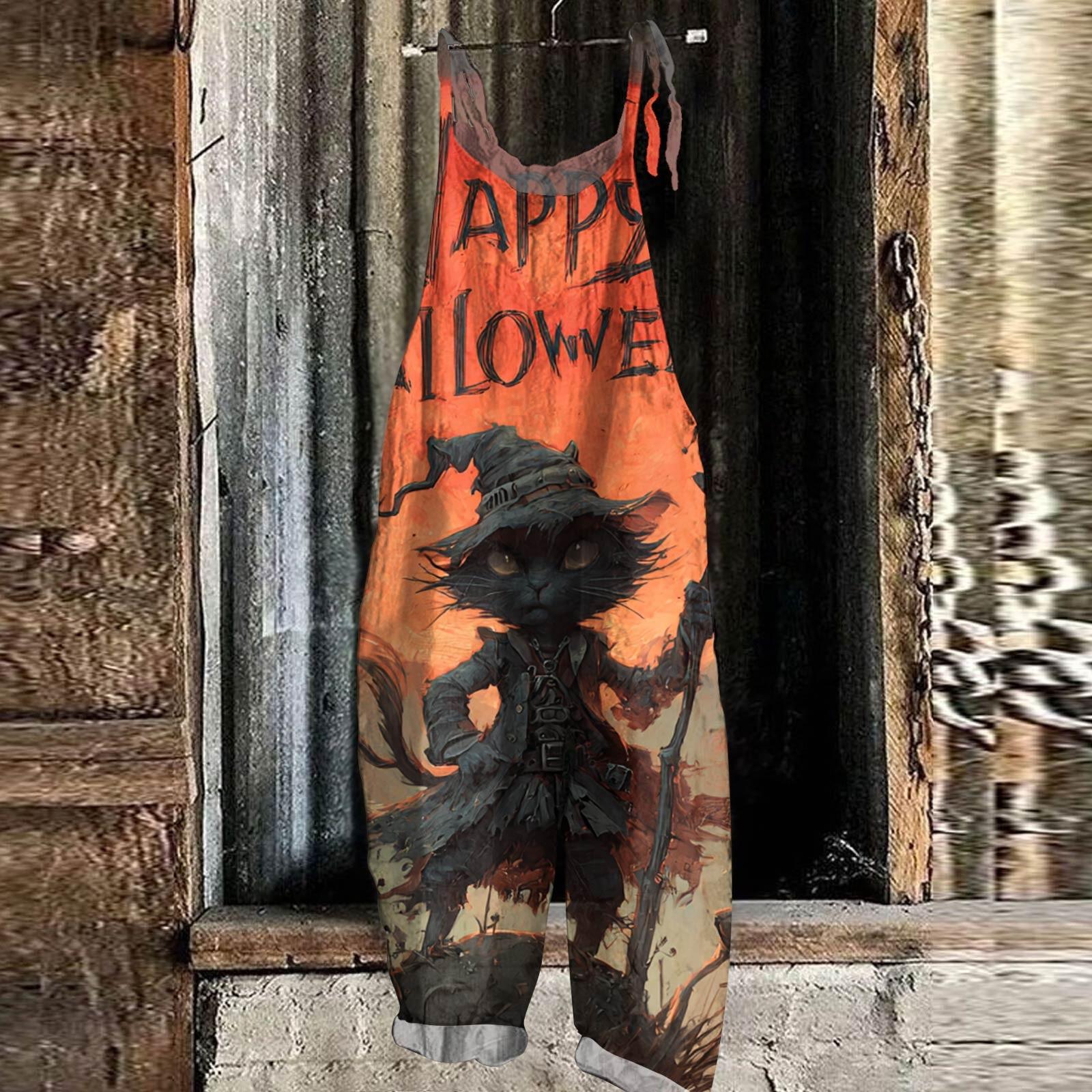 

Женский комбинезон с принтом Хэллоуина, повседневный свободный винтажный комбинезон из хлопка и льна XXXL