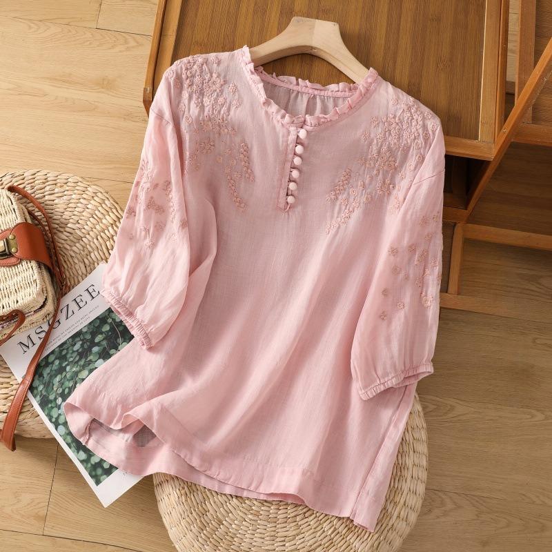 

Летняя свободная повседневная футболка с рукавом семь четвертей и вышитым художественным ретро-топом для женщин Футболки (Женский) XL розовый