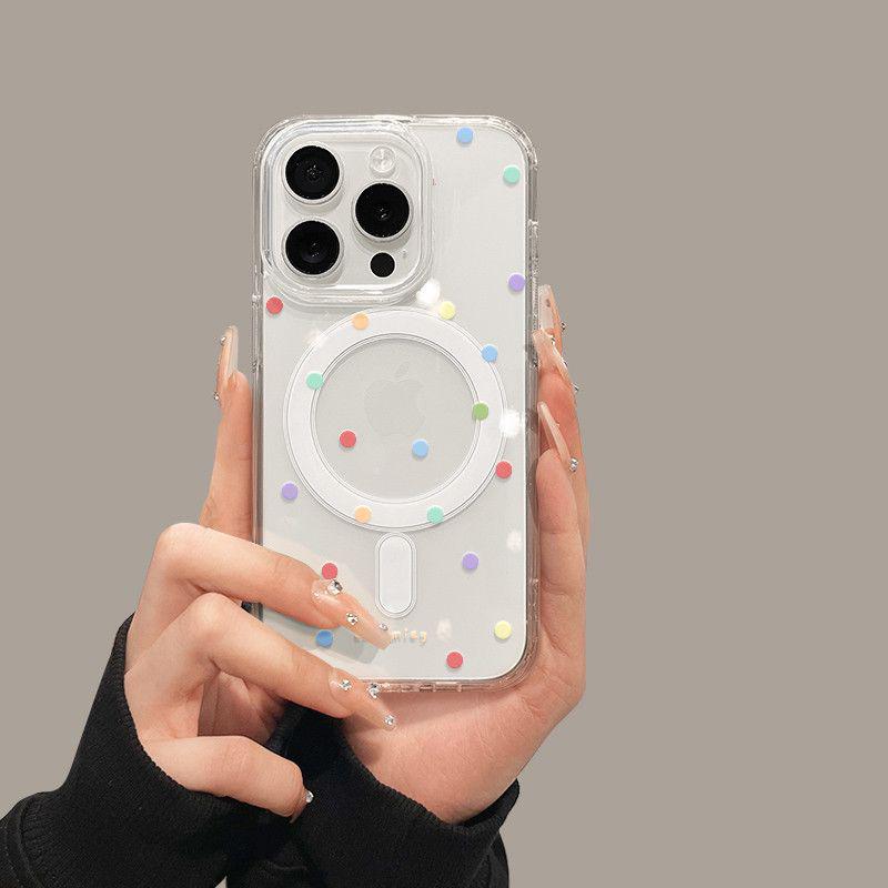 Magnetic iPhone 15 Pro Max Case - Cartoon Design with 16 Colorful Polka Dots
