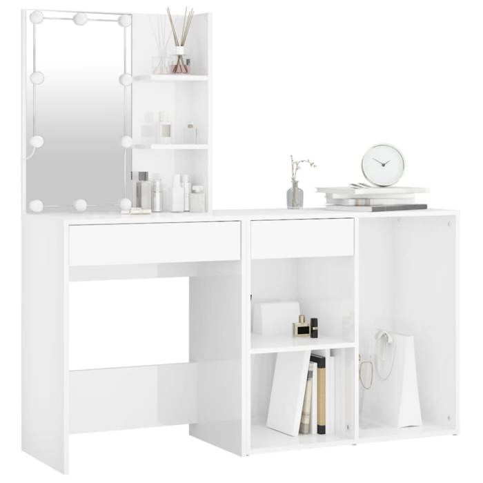VidaXL Coiffeuse à LED avec Armoire Table Cosmétique Coiffeuse de Maquillage Table à Bijoux Chambre à Coucher Blanc Brillant 3082023