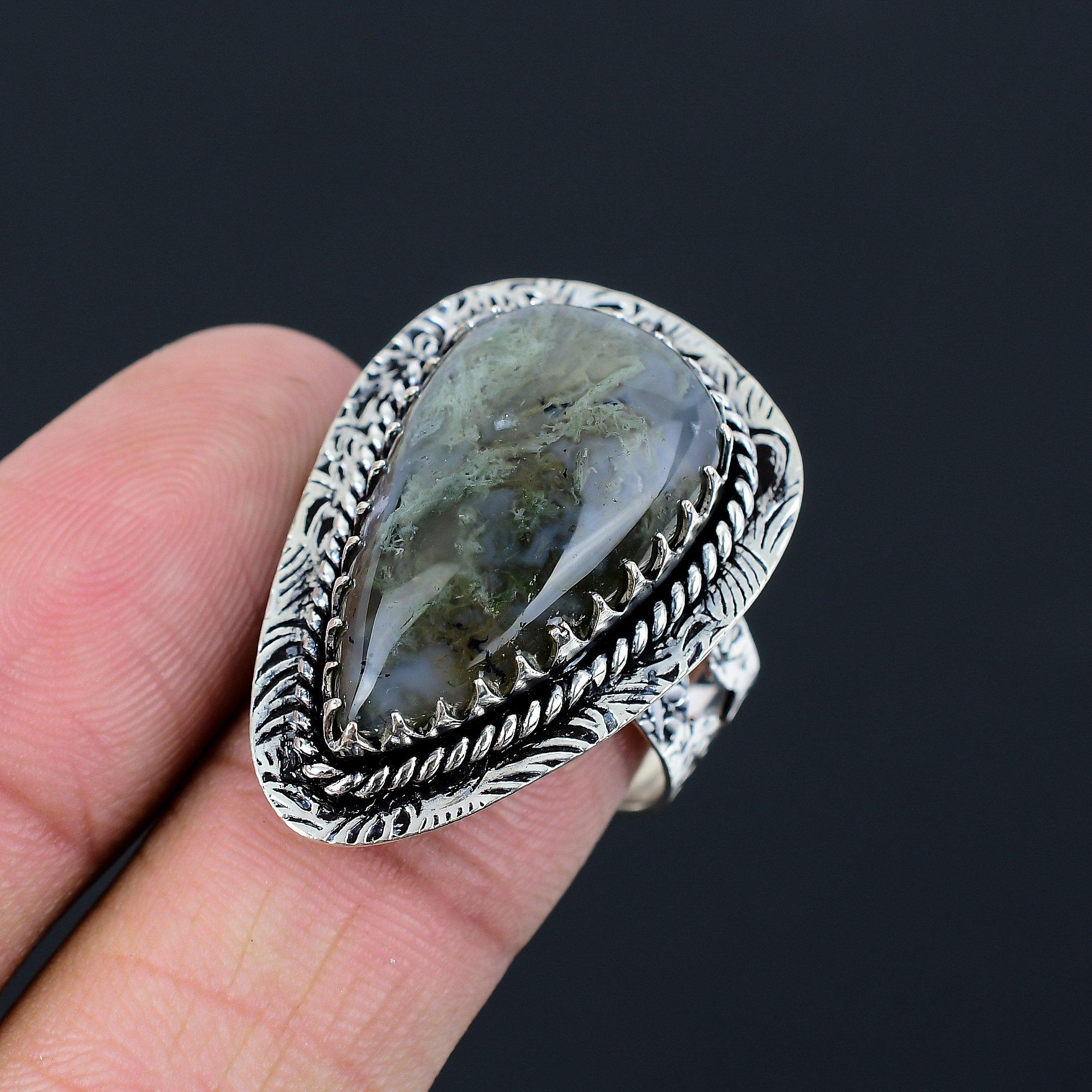 

Womens day Sale 925 Silver Solar Moss Agate Gemstone Promise Wedding Ring US 8.5 8.5