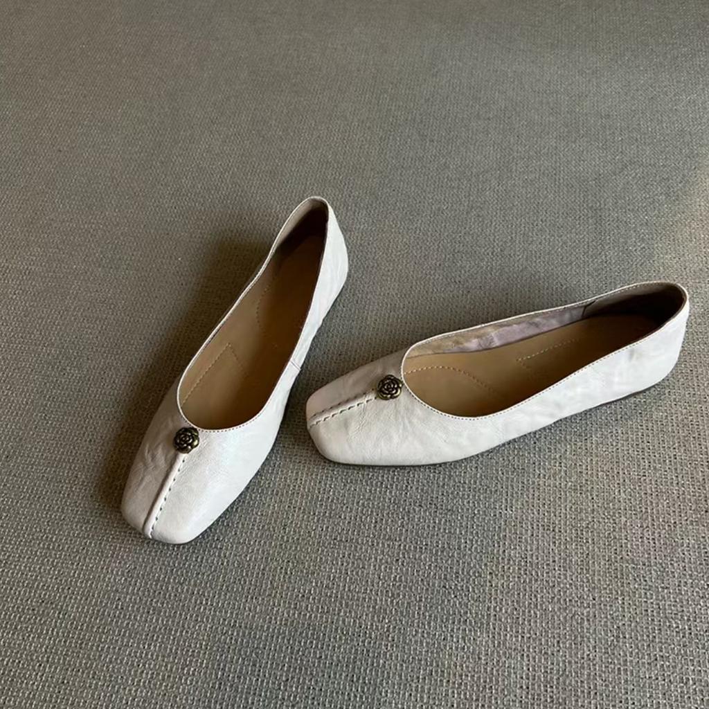 Sheepskin Version Camellia Flat-soled Single Shoes Women's Genuine Leather Retro Temperament Evening Shoes Soft-soled Grandma Shoes