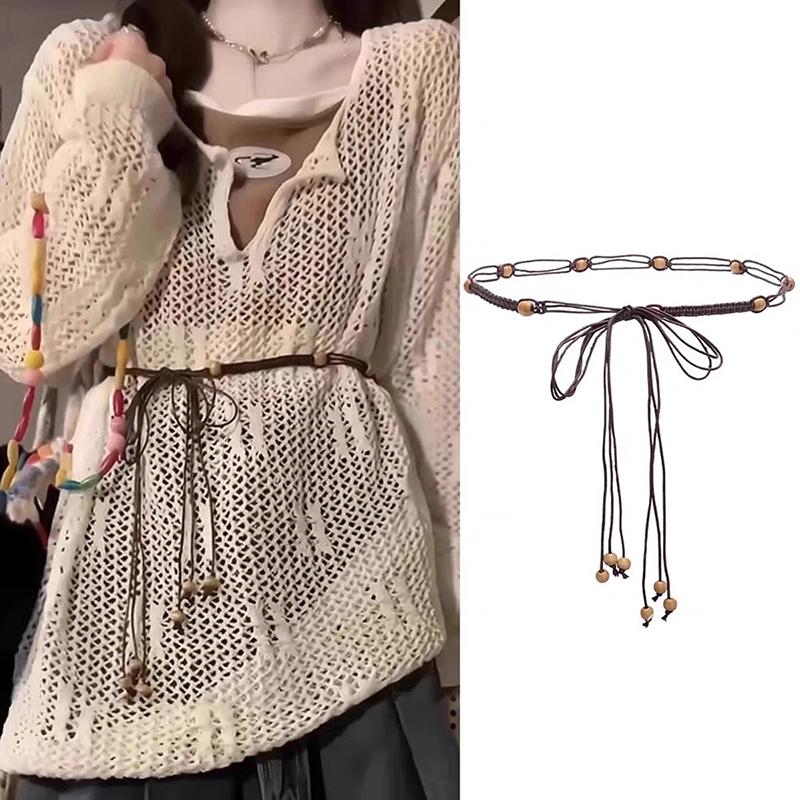

Bohemian Style Butterfly Blue Water Diamond Waist Woven Handmade Wooden Bead Belts Y2K Retro Belt Waist Chain Accessory Skirt as the picture