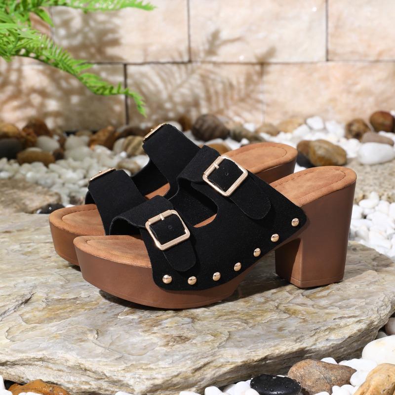 Trendy women's shoes summer new high-heeled platform slippers women's round head belt buckle sandals