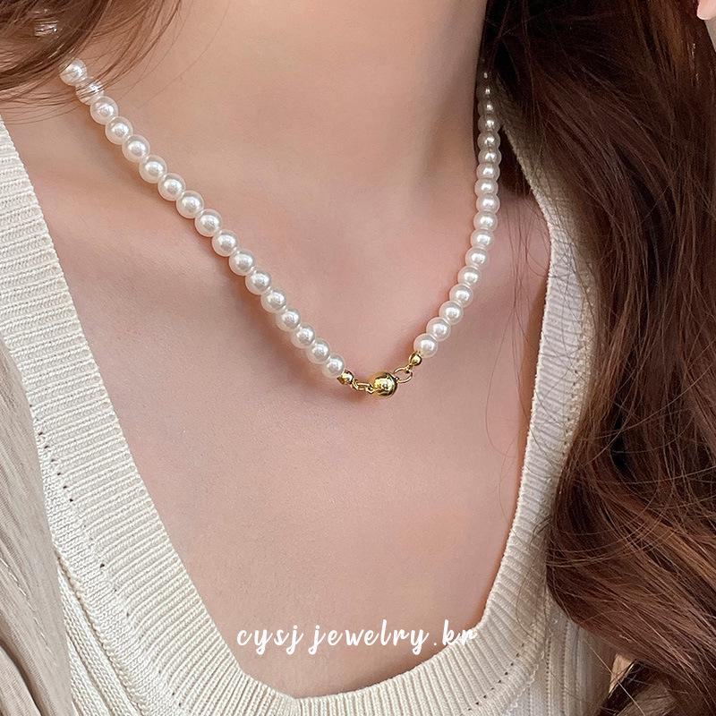 Cui Yan S925 Sterling Silver Korean Style Pearl Magnetic Clasp Necklace for Women - Elegant Versatile Clavicle Chain
