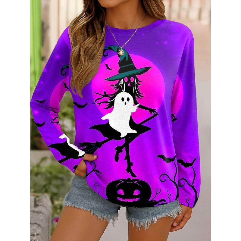 Round Neck 3D Ghost Printed Top Casual Long Sleeved Women's T-shirts - Soft Medium Stretch Polyester Fabric Spring and Autumn Relaxed Fit Clothing