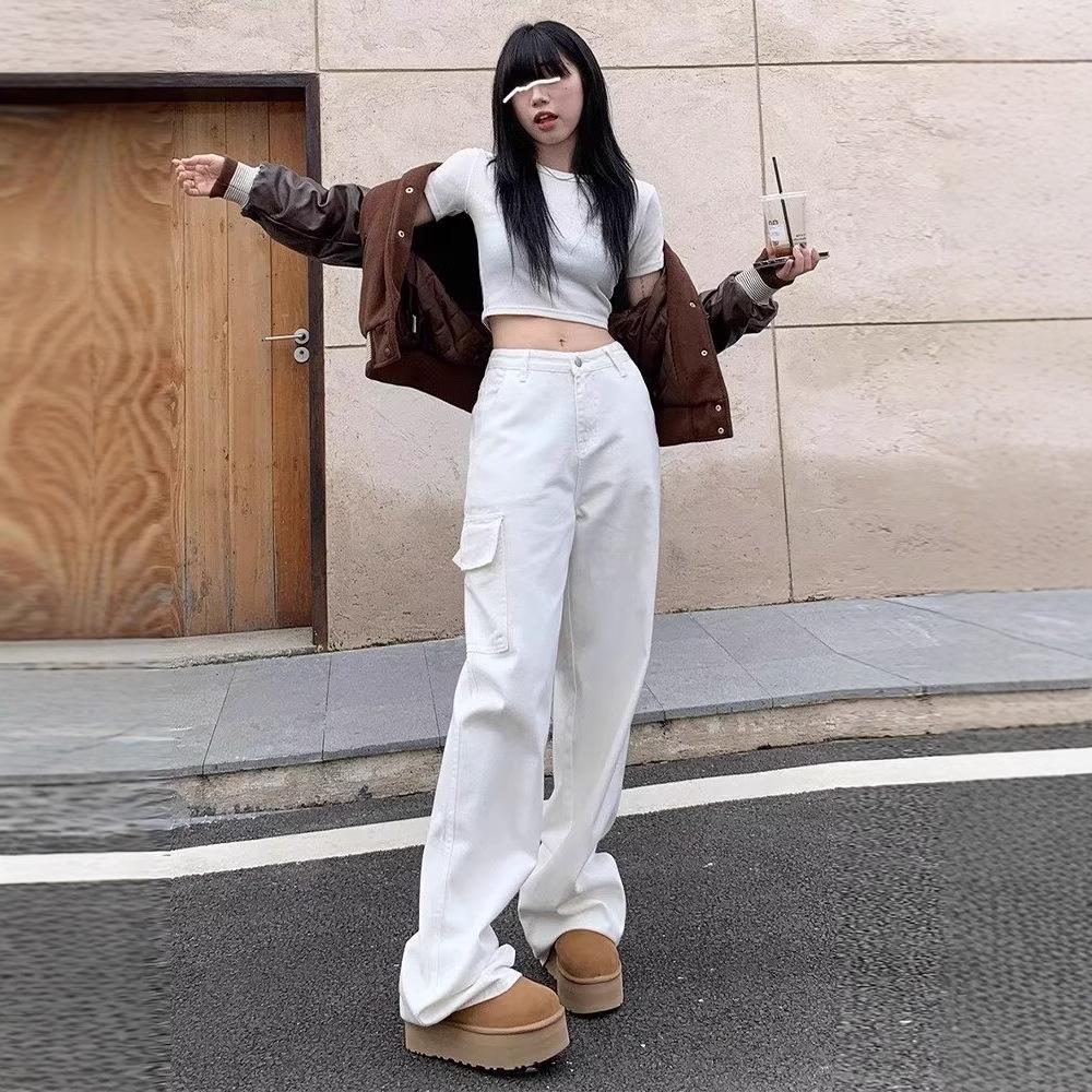 

Women s High-Waist White Wide-Leg Jeans - Trendy Loose Fit Cargo Pants S белый