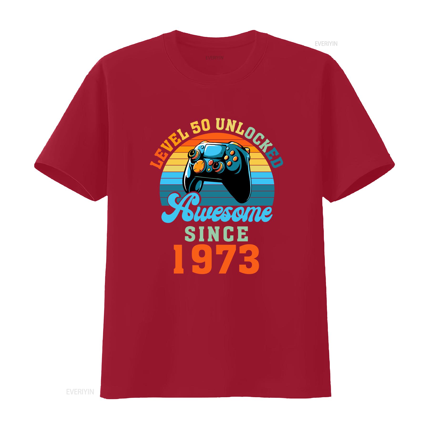 

Футболка на 50-летие Уровень 50 разблокирован Потрясающий с 1973 года Видеоигра Игровой Геймер Вечеринка винтажный Стираный Повседневный мужской Универсальный S