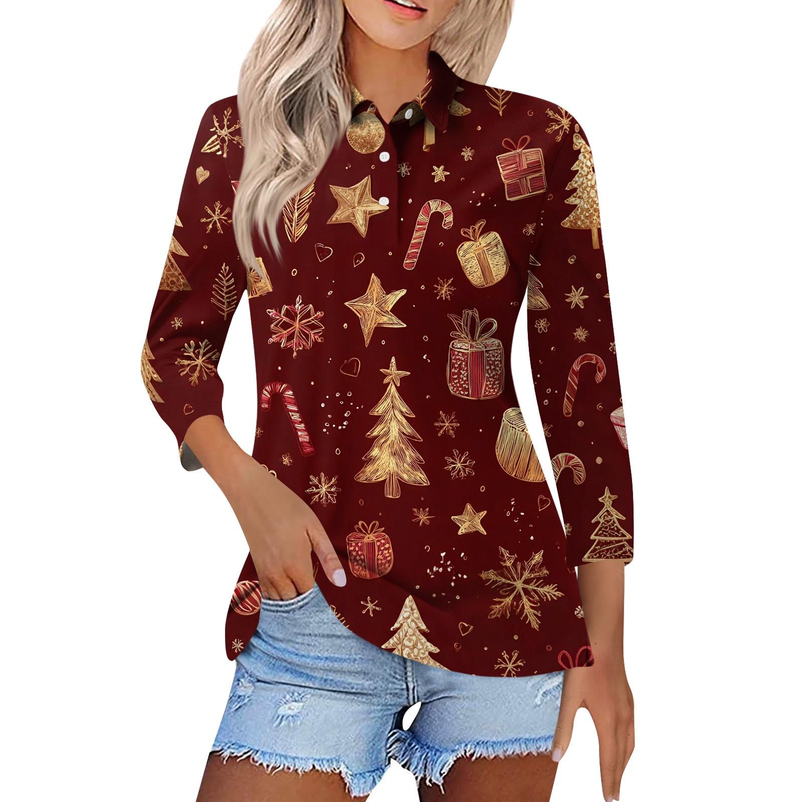 

Women s Fashion Casual Lapel Short 3/4 Sleeve Christmas Print Shirt Women s Button Up Tops L
