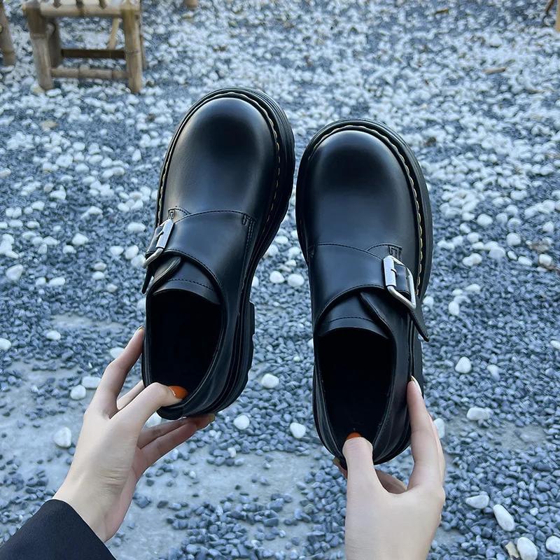 Buckle Platform Loafers Women's Shoes New Versatile British Style Small Leather Shoes Women Metal Belt Fastener Platform Shoes