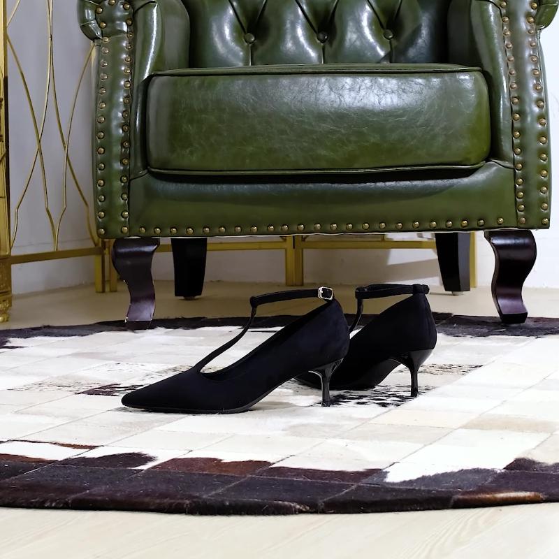 French Style Pointed Toe High Heels Thin Heels Shallow Mouth Suede One-Line Buckle Mid-Heel Pedicure Single Shoes For Women