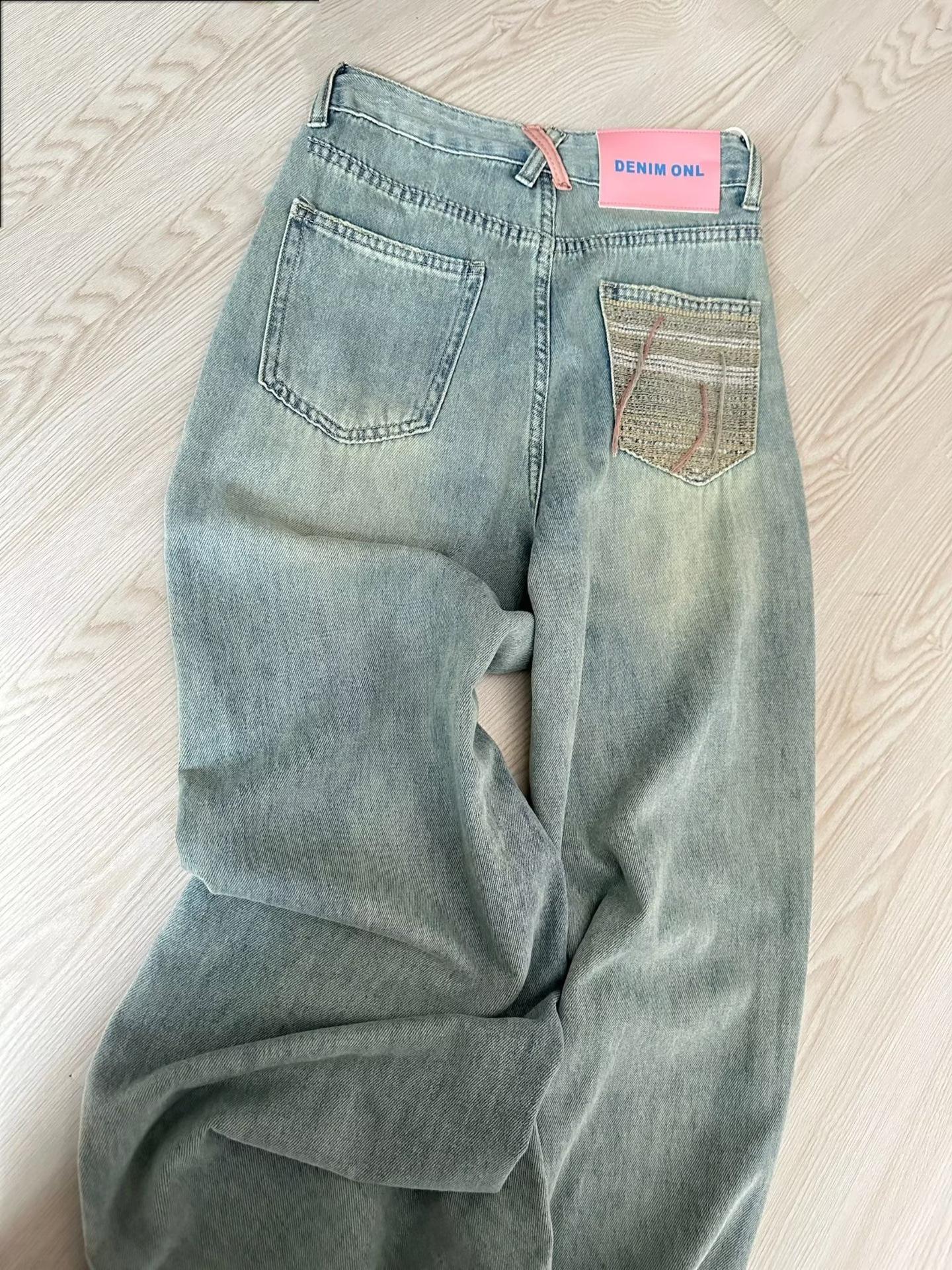 Spring/Summer Loose Fit Hong Kong Style Embroidered Pocket Jeans M синий