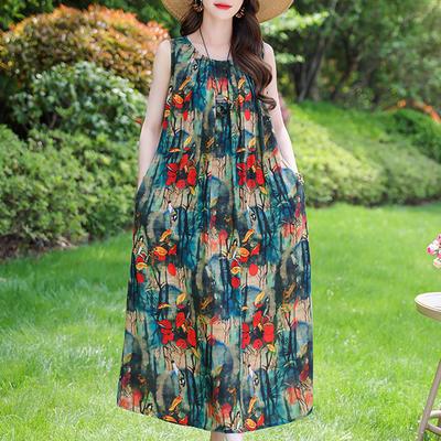 Elegantes Damenkleid Sommer Vintage Kleidung Locker Ärmellos Große Größen Freizeit Lange Kleider