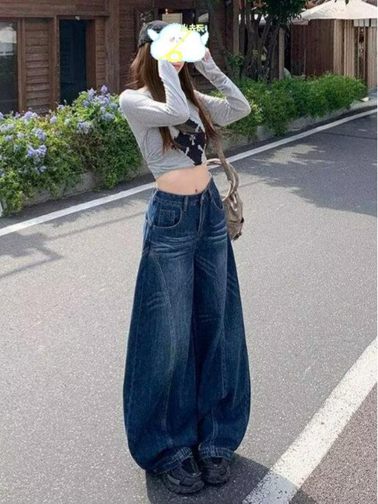 Cross-Border American Retro Washed Denim Wide-Leg Straight-Floor-Length Women's Pants