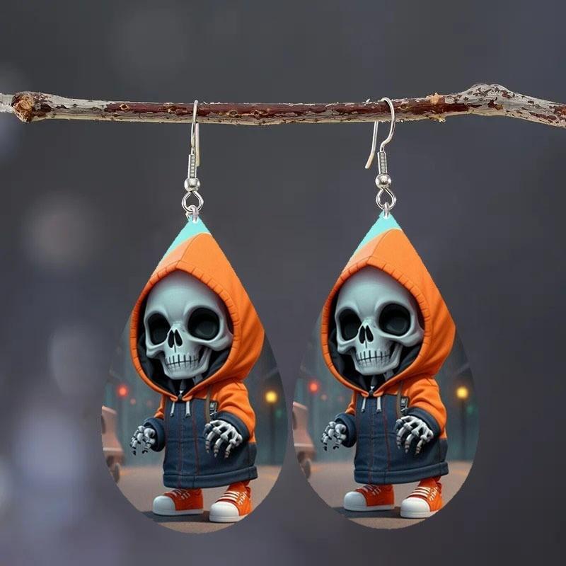 Hooded Halloween Themed Jacket Skull Pattern Droplet Shaped Acrylic Earrings