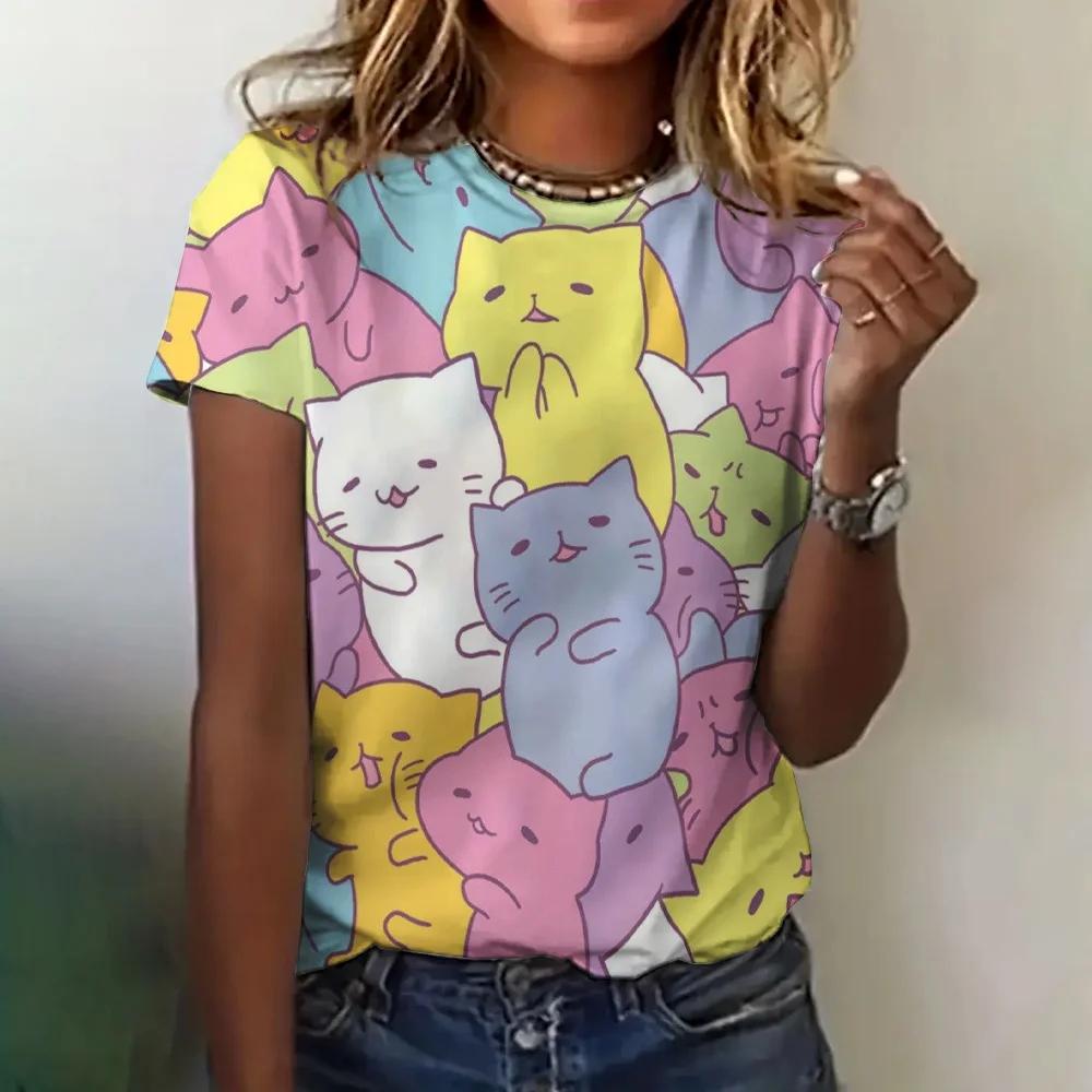 Women's T-shirt Summer Cartoon Cat 3D Printed T-shirt Women's Fashion Casual Round Neck Short Sleeve T-shirt Women's Top T-shirt Elegant
