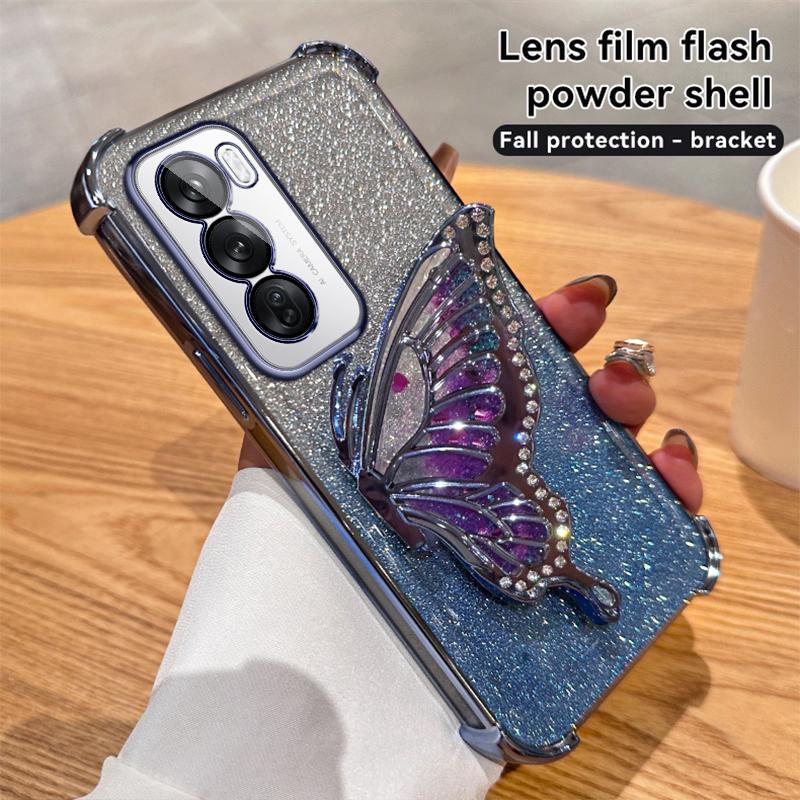 Glitzer Stoßfest Verchromung Treibsand Schmetterling Handyhalter Hülle für OPPO Reno 14 14F 13 13F 12 12F 11 11F 10 Pro Silikonhülle