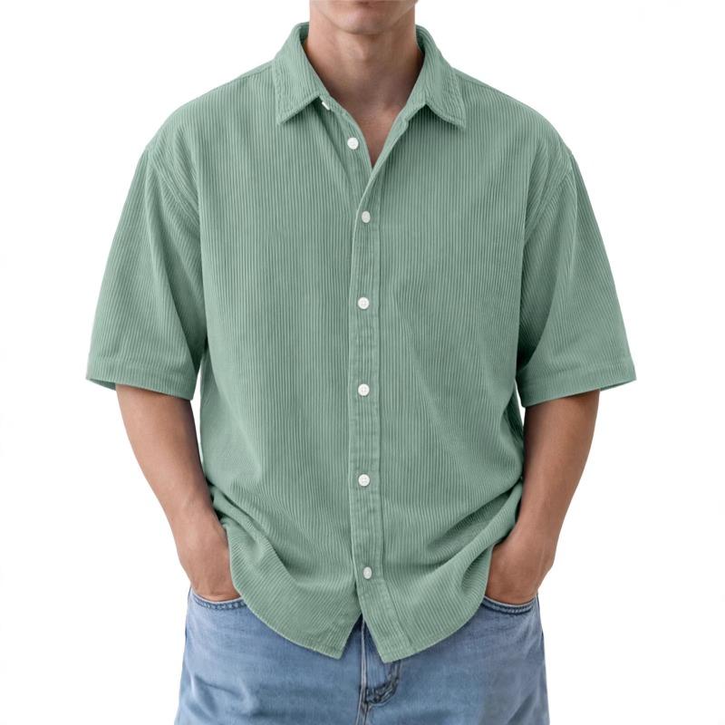 Mens Corduroy Short Sleeve Button Down Shirt Casual Spread Collar Solid Color Loose Fit Top