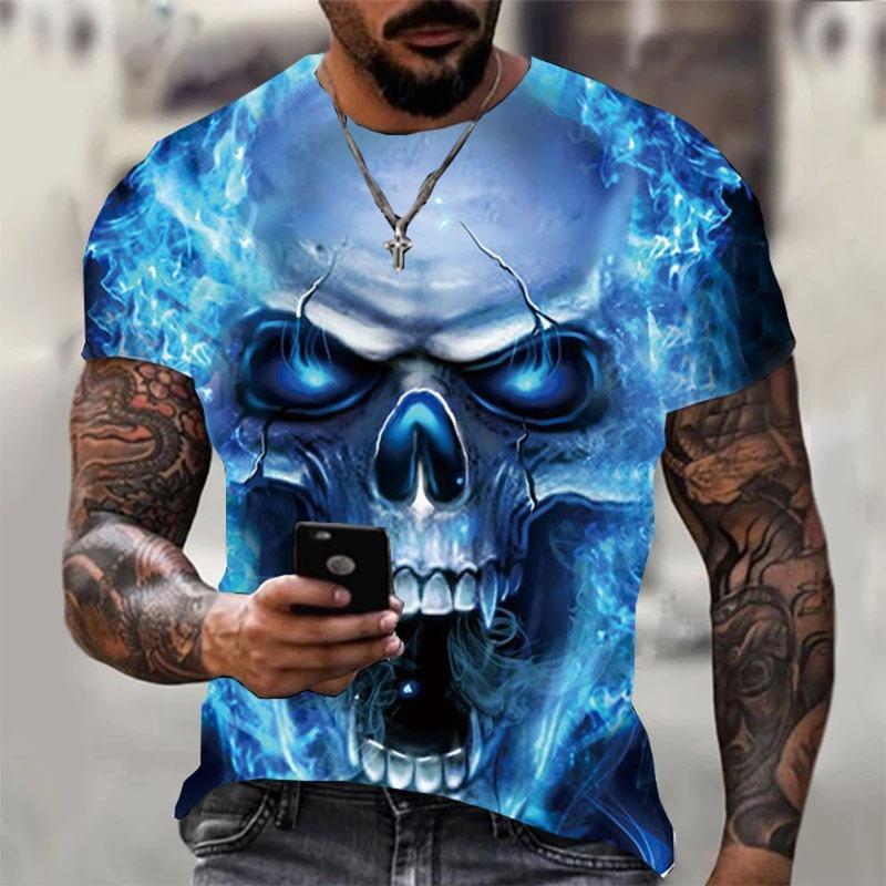 T-shirt estiva da uomo con stampa 3D di teschio, personalizzata, con stampa cool, stile punk rock retro, alla moda, manica corta