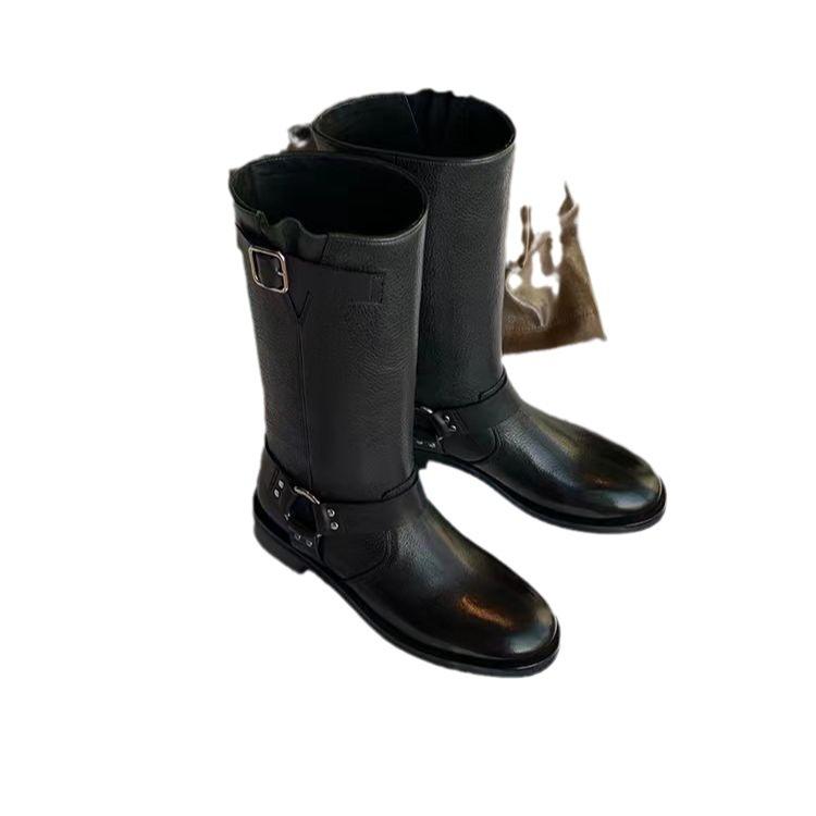 Cowhide~ Grape Mom same British style belt buckle medium boots thick heel Martin boots women's western boots knight boots