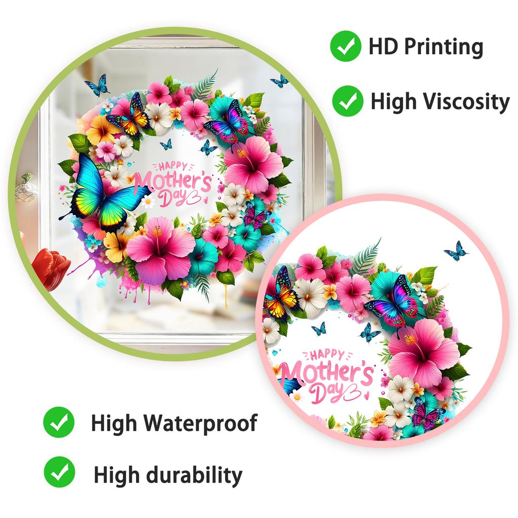 Mother's Day Floral Wreath Static Cling Window Sticker Removable Self-Adhesive for Living Room Bedroom Hallway Balcony Store PVC Glass Decor Art