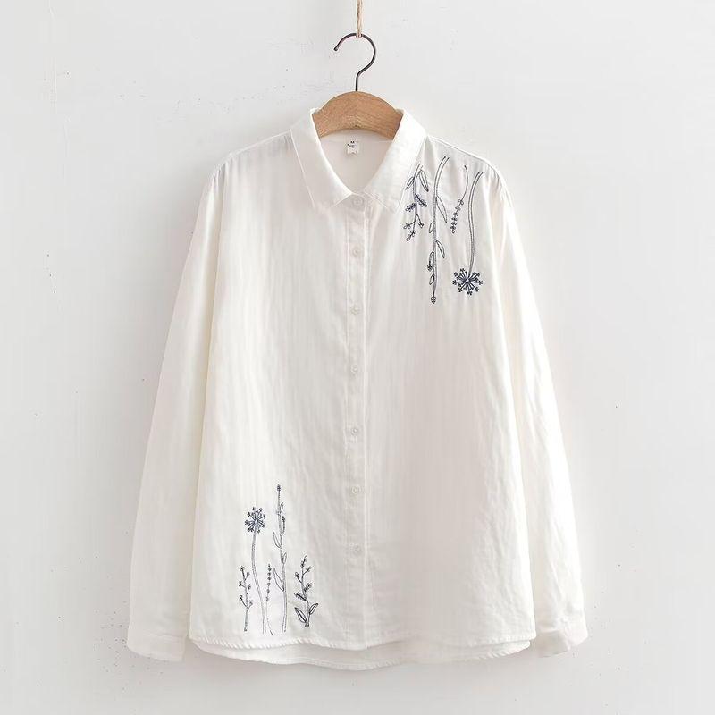 Retro Artsy Ethnic Style Embroider Flower Pure Cotton Shirt 2024 Spring New Arrival Loose All-Matching Top Women