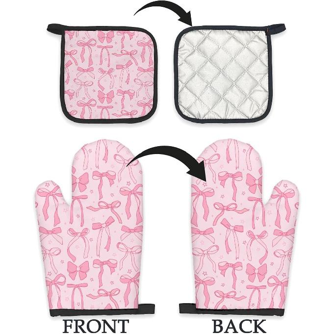 Pink Bow Coquette Decor Oven Mitts and Pot Holders Sets, PinkCoquette Preppy Kitchen Accessories Sets, Pink Ribbon Bow Preppy Heat Resistant Oven