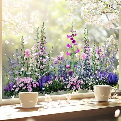 Colorful Floral Window Sticker Removable Flower Window Clings Waterproof Static Window Decal for Home Office Bedroom Bathroom Decor