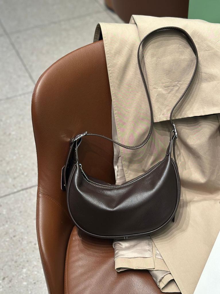 Women's Top Layer Cowhide Crossbody Bag - Ladies' Genuine Leather Model Crescent Bag, Vintage Stitching Shoulder Purse