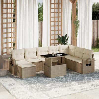 Vidaxl 9-Cz. Garden Furniture Set With Cushions, Beige, Poly Rattan